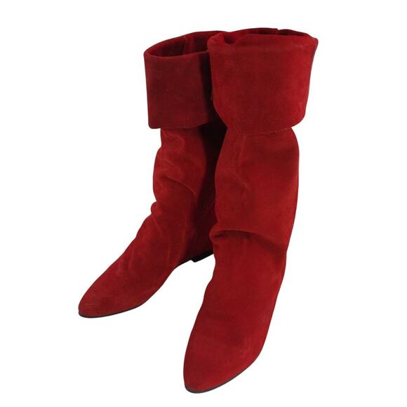 DAZZLING RICH RED GENUINE SUEDE BOHO CHIC FOLD OVER TOP/SCRUNCH BOOTS! SZ 6M - Picture 3 of 11